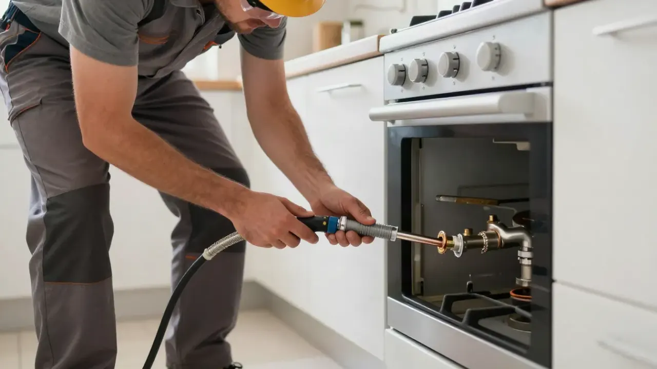 Gas Appliance Hookup in Flower Mound: licensed gas fitter connecting a new flexible stainless steel gas connector to the