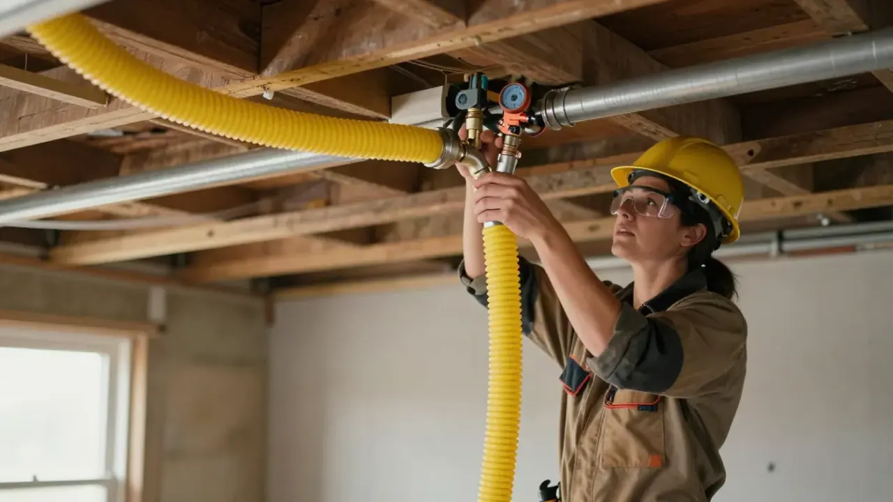 Gas Line Installation in Flower Mound: licensed gas fitter meticulously routing a new run of yellow flexible corrugated