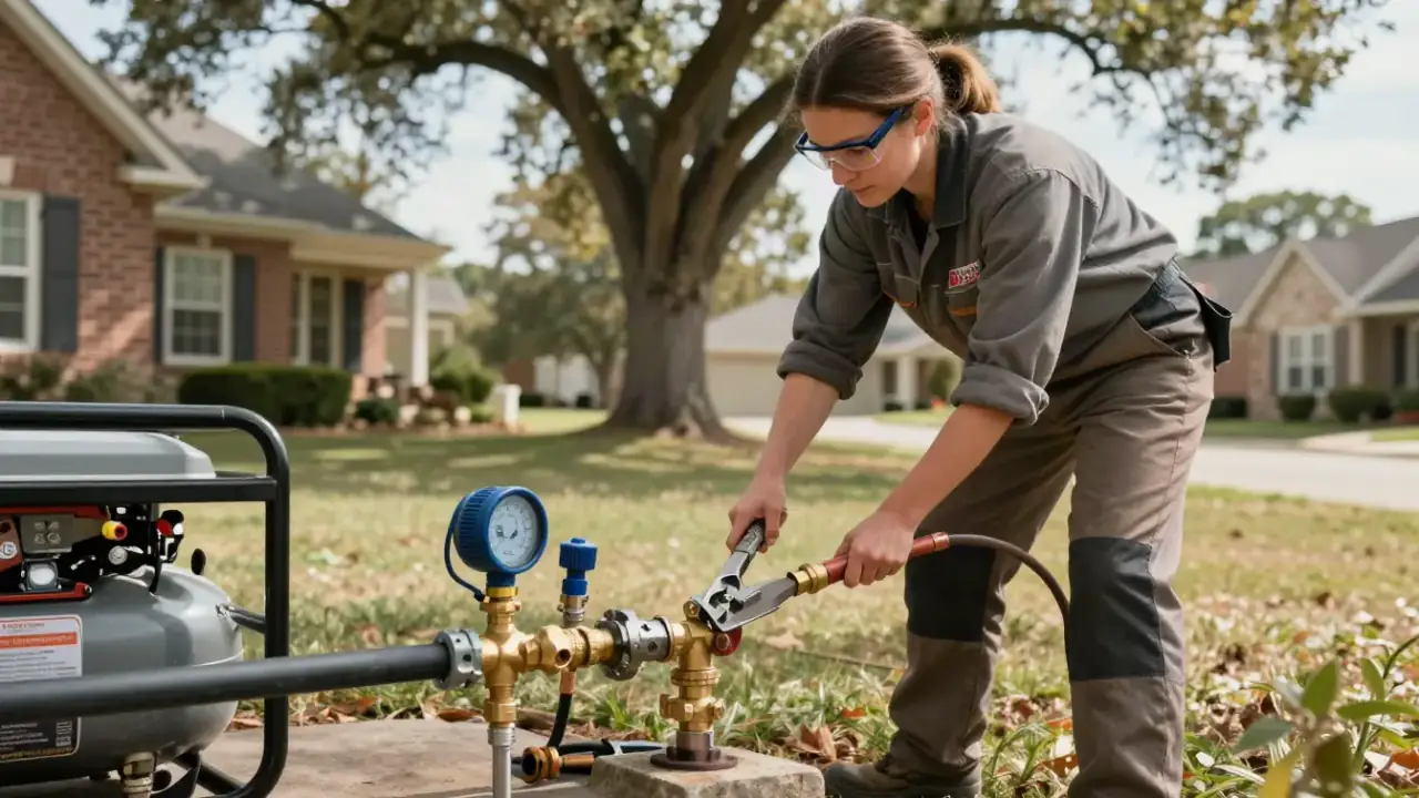 Gas Line Repair in Flower Mound: licensed gas fitter, wearing safety glasses, using a large pipe wrench to tighten a fitting