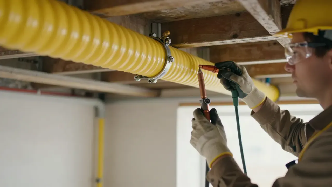 Gas Line Repair in Flower Mound: finished, neatly installed yellow corrugated stainless steel tubing (CSST) gas line run