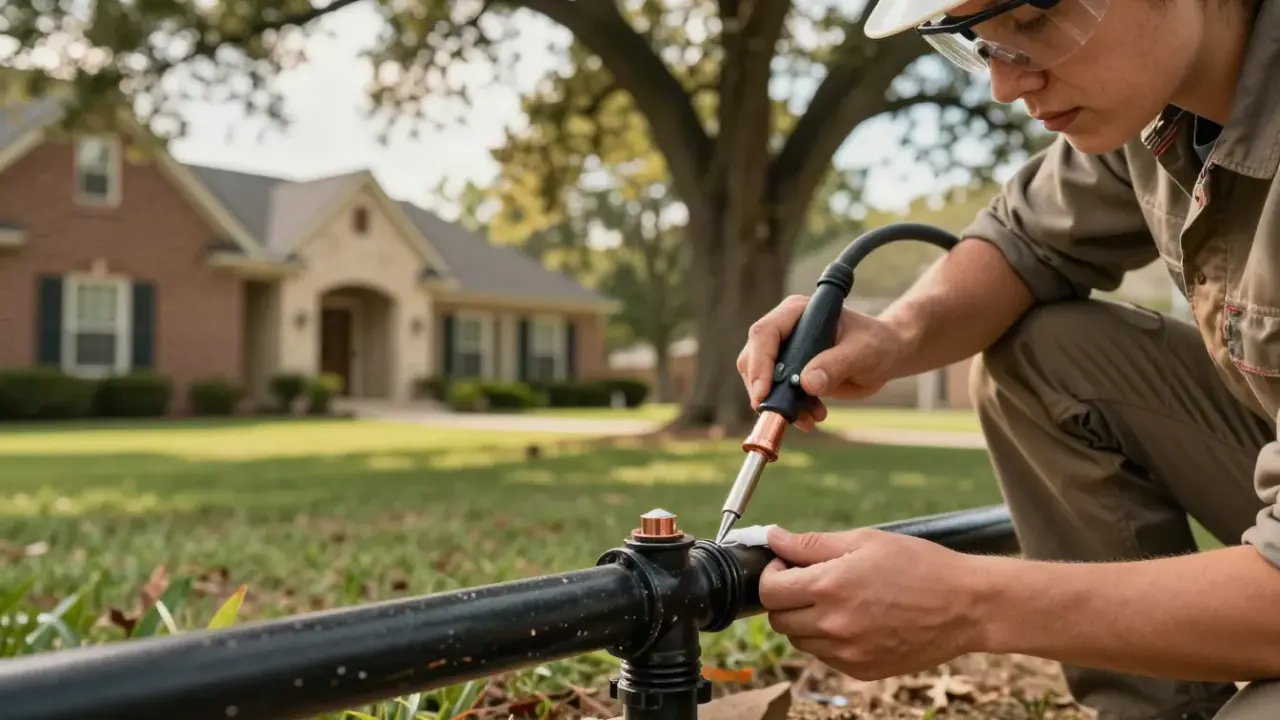 Gas Line Repair in Flower Mound: close-up of a licensed gas fitter's hands meticulously applying pipe joint compound to the