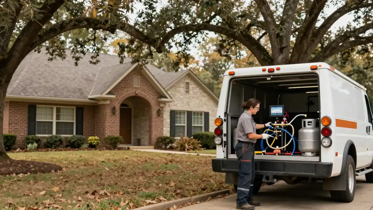 Gas Line Repair in Flower Mound: wide shot of a gas service vehicle parked in front of a brick home with mature oak trees